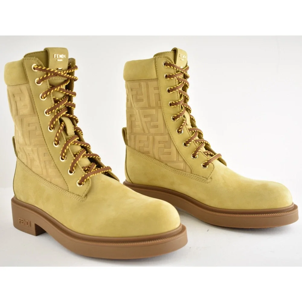 Fendi Filo Beige Nubuck FF Embossed Logo Lace Up Tie Logo Combat Biker Boot 38